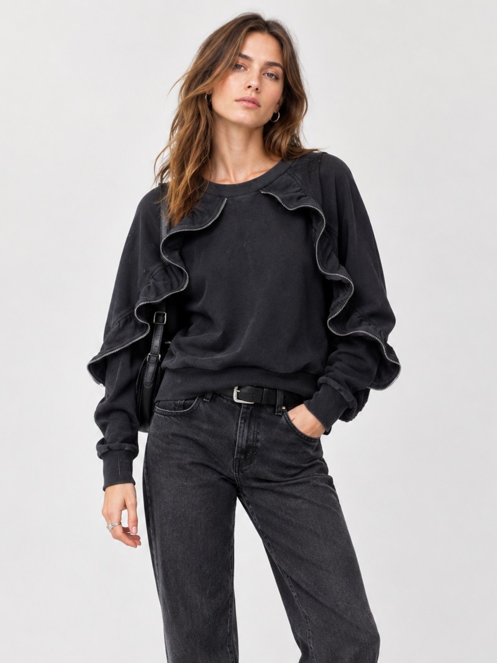 Stellah M Edgy Zipper Ruffle Crewneck Sweatshirt Unique Designer Boho Modern Art
